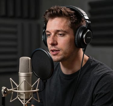 A professional voice talent wearing sleek headphones, speaking into a high-quality studio microphone. Soft focus background of dark acoustic panels. Global / International.
