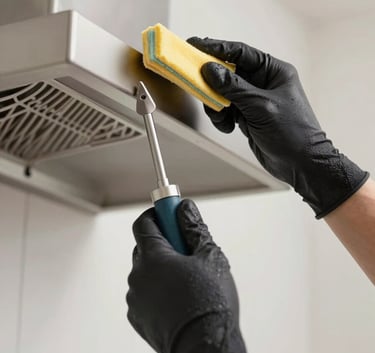 A professional technician wearing dark gloves cleaning a kitchen chimney with specialized tools. The scene is bright and professional, emphasizing a thorough cleaning process.