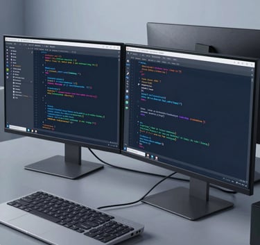 A clean, modern developer workspace with multiple monitors displaying lines of code and Android Studio, a slate blue and grayish blue atmosphere, professional and efficient, Global / Tech-focused.