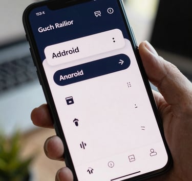 A close-up photograph of a modern smartphone displaying a fluid and sleek Android UI with dark navy and white accents, soft natural light in a tech office setting, Global / Tech-focused.