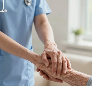 A close-up of a senior care assistant in a light blue uniform holding the hand of an elderly resident in a modern, sunlit British care home setting, representing trust and compassion.
