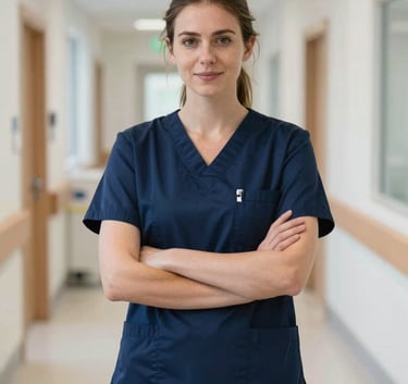 A professional registered nurse in modern navy blue scrubs, standing in a bright, modern Northern European hospital corridor with soft natural light, conveying confidence and clinical excellence.