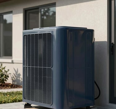 A sleek outdoor air conditioning unit installed next to a modern North American / US house, professional installation with clean deep navy shadows.