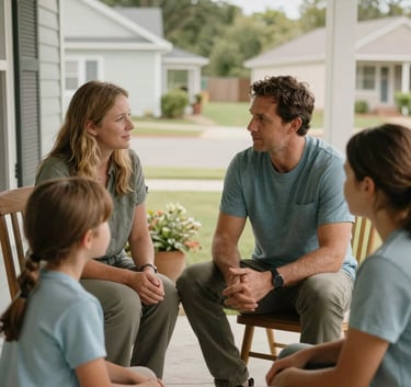 A family sitting together on a porch in a North American / US neighborhood, engaged in a supportive conversation. The scene is warm and empowering, featuring muted seaweed green and soft sky blue clothing.