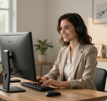 A professional portrait of a virtual assistant working in a clean, sophisticated North American home office. She is wearing business casual attire, smiling while looking at a dual-monitor setup. The lighting is warm and inviting, highlighting a trustworthy and efficient mood.