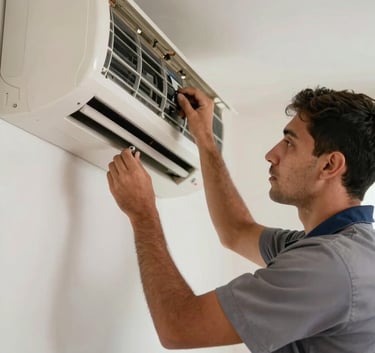 A professional technician wearing a neat uniform installing a split system air conditioner in a South American apartment, focusing on precision and clean workmanship, soft daylight, professional mood.