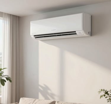 A wide photography shot of a sleek, high-end white air conditioner unit installed on a minimalist wall in a modern Brazilian living room with soft natural morning light and clean lines.
