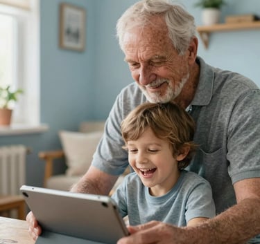 A heartwarming scene in an Eastern European / Croatian home where an elderly person and a child are laughing together while playing a game on a tablet, soft daylight and light blue home decor.