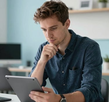 A professional portrait of a creative professional in an Eastern European / Croatian design studio, looking thoughtfully at a tablet, surrounded by light blue and white interior elements.