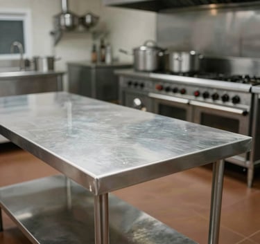 Uma mesa de aço inoxidável em uma cozinha comercial profissional com fogão a gás.