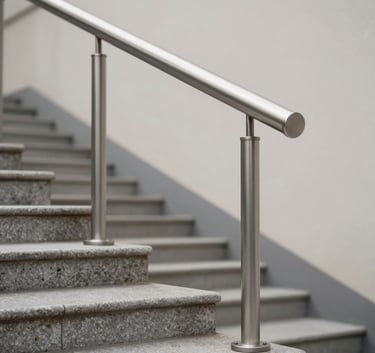 Corrimão moderno de aço inoxidável instalado em escadas externas de granito para segurança e acessib