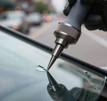 Close-up photography of a specialized resin injection tool repairing a small chip on a windshield. The focus is sharp on the transparent glass, with a soft-focus North American / US city street in the background, daytime.