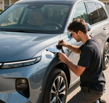 A professional mobile auto glass technician in a North American / US suburban driveway, working on a sleek modern SUV. The lighting is bright morning sun, highlighting a steel blue and off-white service van in the background.