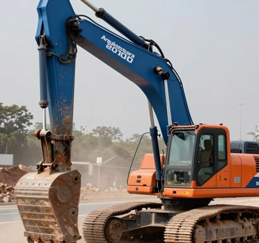 A close-up of a high-tech excavator with the 'Arquitectura 2000' aesthetic, working on a massive highway project in a Latin American / Mexican setting. The environment is dusty but the machine looks powerful and clean in Steel Blue and Safety Orange tones.