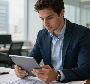 A professional South American / Brazilian engineer reviewing blueprints on a digital tablet in a modern São Paulo office, dressed in business casual attire, with steel blue and dark slate blue color accents.