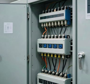 Detailed view of complex electrical panels and industrial sensors in a clean South American / Brazilian facility, showcasing technical expertise, in shades of steel blue and mist grey.