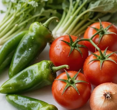 A high-angle, professional photograph of a variety of fresh vegetables including green chilies, tomatoes, and onions arranged on a clean, light surface. The lighting is bright and fresh, reflecting brand values of reliability and trust. Subtle color accents of #4C7F60 are visible in the foliage.