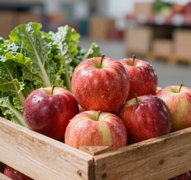 A close-up shot of a rustic wooden crate filled with premium, glossy red apples and fresh green leafy vegetables. Natural morning light emphasizes freshness and quality. The background is a clean, modern wholesale warehouse, suggesting a professional and reliable supply chain.