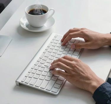 A high-angle shot of a person’s hands typing on a modern keyboard next to a steaming cup of coffee. The desk surface is a polished mist white, surrounded by subtle sky blue office accents.