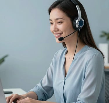 A professional portrait of a woman wearing a modern headset, smiling warmly while working from a clean, minimalist home office. The room is decorated in mist and steel blue tones with soft natural lighting.