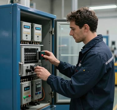 A professional engineer in a modern Turkish / Anatolian industrial facility inspecting a sophisticated AC driver panel, focused lighting, steel blue and dark navy tones, industrial machinery in the background.