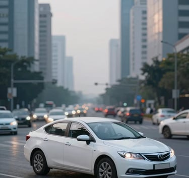 A wide-angle, professional photograph of a white sedan cab driving through a clean, modern Lucknow intersection at dawn. The lighting is soft and corporate, emphasizing safety and reliability. Subtle blue tones from #2A6190 are present in the sky and environment reflections.