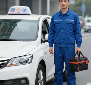 A high-resolution composite image featuring a clean white taxi sedan parked in a modern urban street and a professional electrician in a crisp blue uniform carrying a modern tool bag. The mood is efficient and trustworthy, utilizing a clean background with hints of #0C1D3F and #2A6190 in the attire and environment.