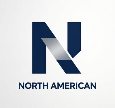 A professional minimalist logo representing innovation, featuring abstract geometric shapes in navy blue and silver on a clean ghost white background, North American aesthetic.