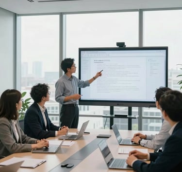 A collaborative team meeting in a high-tech North American conference room with floor-to-ceiling windows, professionals interacting with a large digital whiteboard, bright and airy professional atmosphere.
