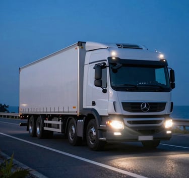 A professional long-exposure photograph of a logistics transport truck moving along a coastal highway at twilight, headlamps creating streaks of white light against a dark blue sky, crisp and professional composition.