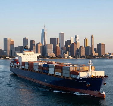 A wide-angle landscape photograph of a massive container ship entering a deep blue harbor in North America, with a backdrop of a modern city skyline at dawn, cool tones of light blue and white, soft morning light.