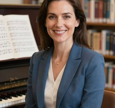 A professional portrait of a woman with a warm, compassionate expression, seated in a bright library setting with musical scores visible on a nearby piano, styled with brand colors #1F3F49 and #527A79.