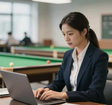 A focused club administrator using a laptop in a bright, modern clubhouse, managing an online store, with soft lighting and a professional atmosphere.