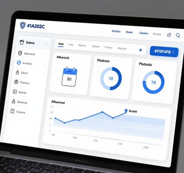 A sleek digital dashboard on a tablet showing sales analytics and product management for a sports association, featuring #1A202C and #F0F4F8 interface elements.