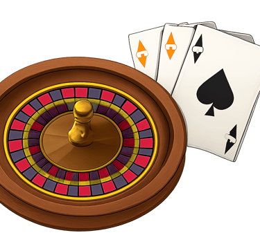 Illustration of a roulette wheel and playing cards, representing the start of gameplay.
