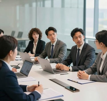 A medium shot of a diverse group of corporate professionals in business attire having a collaborative meeting in a bright, modern glass-walled conference room, North American / International business environment.