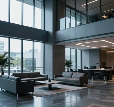 A photography of a high-end corporate office lobby with polished floors and minimalist furniture, reflecting professional muted blue and charcoal tones, North American / International architectural style.