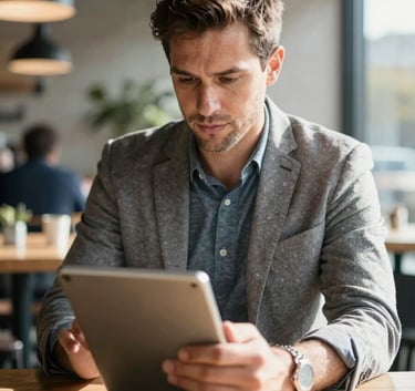 A North American entrepreneur in a casual yet professional attire, working on a tablet in a modern sunlit cafe, focused and determined expression, realistic photography.
