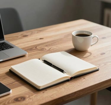 Photography of a clean, organized wooden desk in a North American studio with a cup of coffee and a notebook, soft morning light, conveying a productive and professional mood.