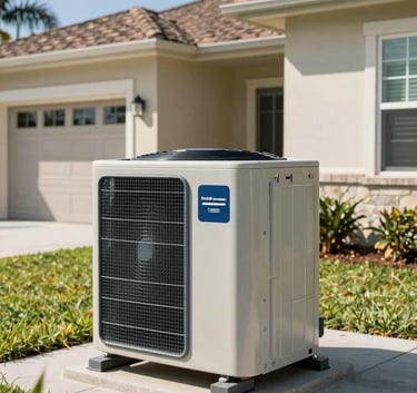 Wide-angle shot of a sleek, modern outdoor air conditioning condenser unit installed next to a well-maintained North American suburban house. Bright, sunny Florida-style lighting. Professional composition emphasizing a clean and efficient installation.