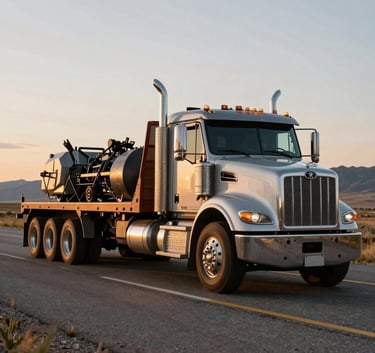 A powerful flatbed truck hauling heavy equipment on a scenic North American highway during the golden hour, captured with professional automotive photography style.