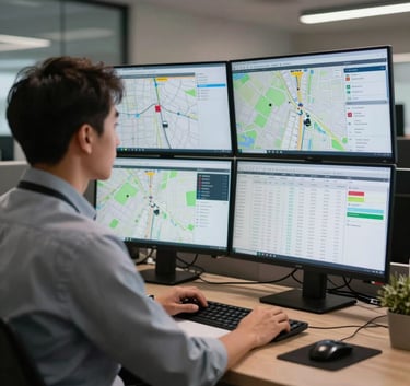 A professional logistics dispatcher in a modern North American office, looking at multiple large monitors showing real-time GPS tracking maps and transport data.