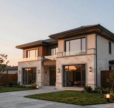 A stunning wide-angle exterior shot of a modern, luxury two-story residence with large windows and clean lines. The landscaping is pristine. Sunset lighting creates a warm, inviting glow. Elements of the house use stone and wood textures in colors similar to #A68A6B and #F5F5DC.