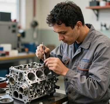A professional Brazilian mechanic in clean grey uniform carefully inspecting a cylinder head. Modern workshop setting with sophisticated tools, soft natural lighting.