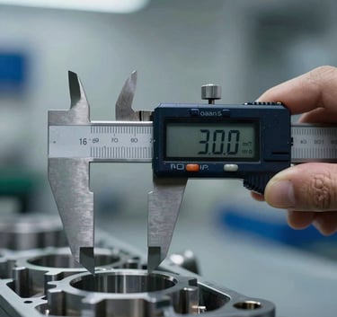 Close-up of a high-precision digital caliper measuring an engine component in a clean South American workshop. Sharp focus, professional industrial lighting, dark navy and grey blue tones.