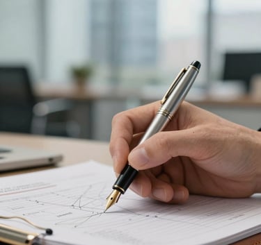 A close-up, shallow depth-of-field photograph of a hand holding a high-end fountain pen over a leather-bound strategic plan. The background is a blurred, bright, modern office in an international city. The lighting is soft and natural.