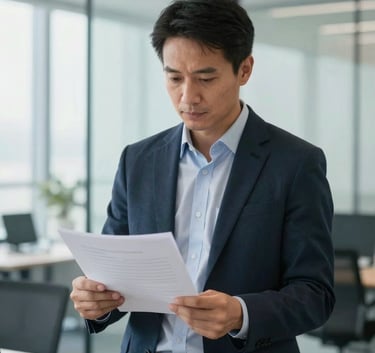 A professional consultant in a bright, modern glass-walled office in North American / US, reviewing documents with a calm and knowledgeable expression. Lighting is soft and professional.