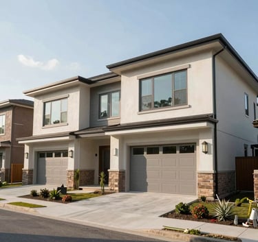 A crisp, professional wide shot of a modern North American residential townhouse development featuring clean lines and contemporary architectural elements. The lighting is mid-day sun, highlighting the structural integrity and high-quality construction finishes.