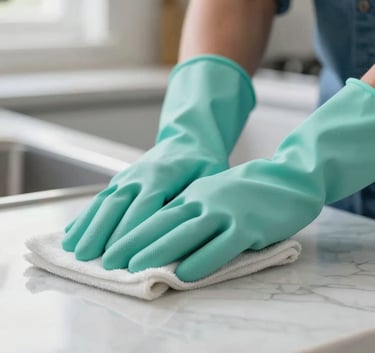 Close-up of a professional cleaner's hands in light teal gloves wiping a polished marble countertop in a bright Australian kitchen, shallow depth of field, sharp and clean.