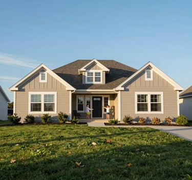 A daytime, wide-angle photograph of a charming North American family home with a clean lawn and clear blue sky, emphasizing a stress-free and efficient real estate transition.